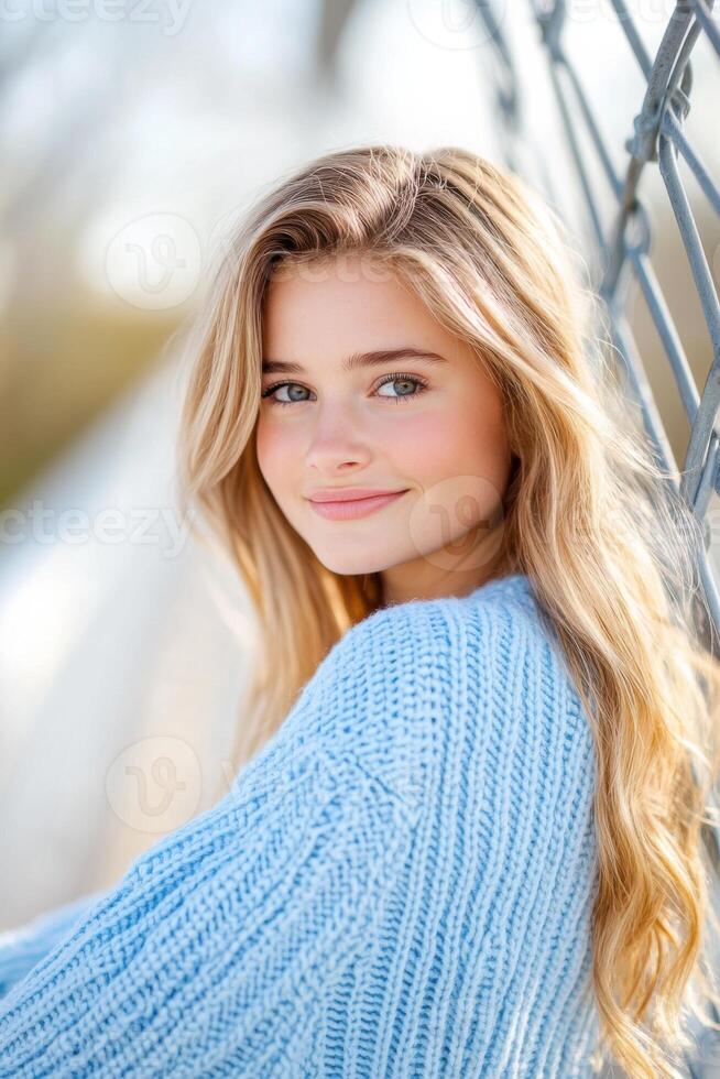 Young woman smiling on a bridge in baby blue attire enjoying a joyful spring day with natural sunlight and a cheerful atmosphere photo