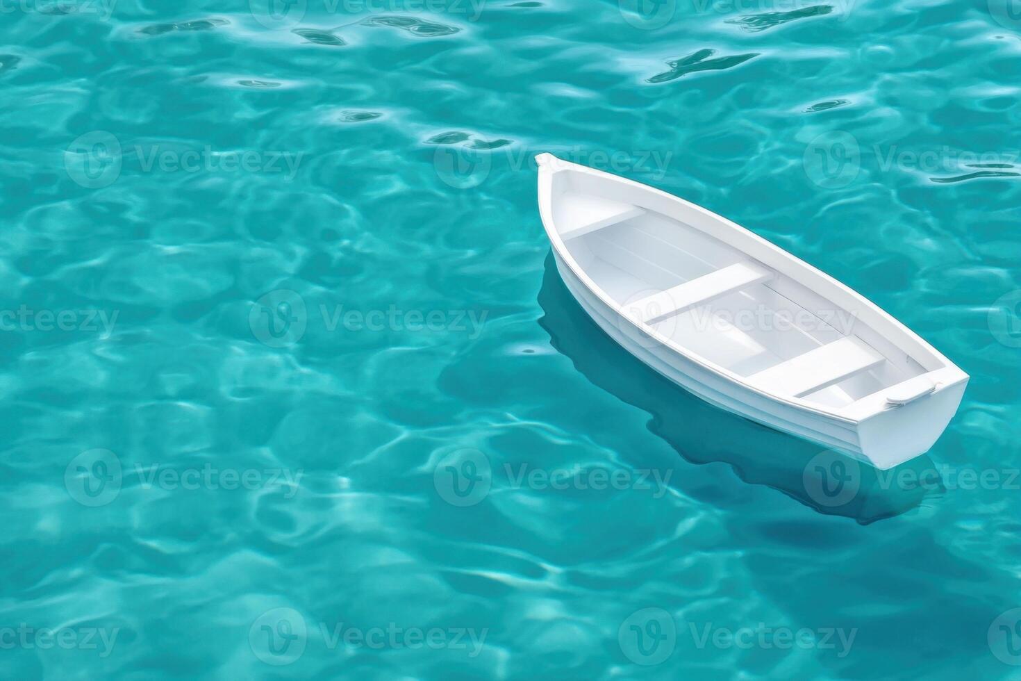 Floating toy boat in calm baby blue water creates a serene and minimalistic ambiance representing freshness and purity photo