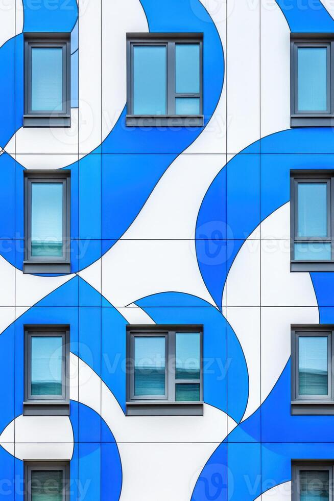 Creative architectural facade showcases baby blue geometric patterns and bold urban statement with playful shadows in a vibrant urban setting photo