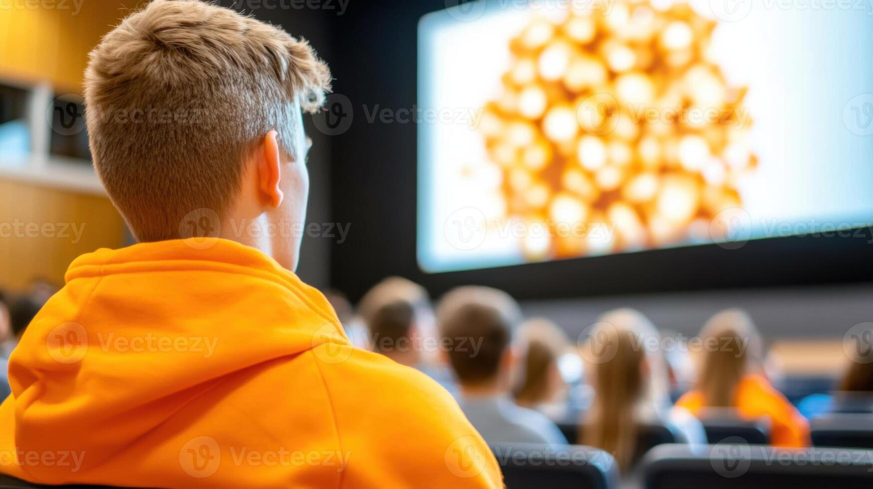 Student watching presentation in university lecture hall photo