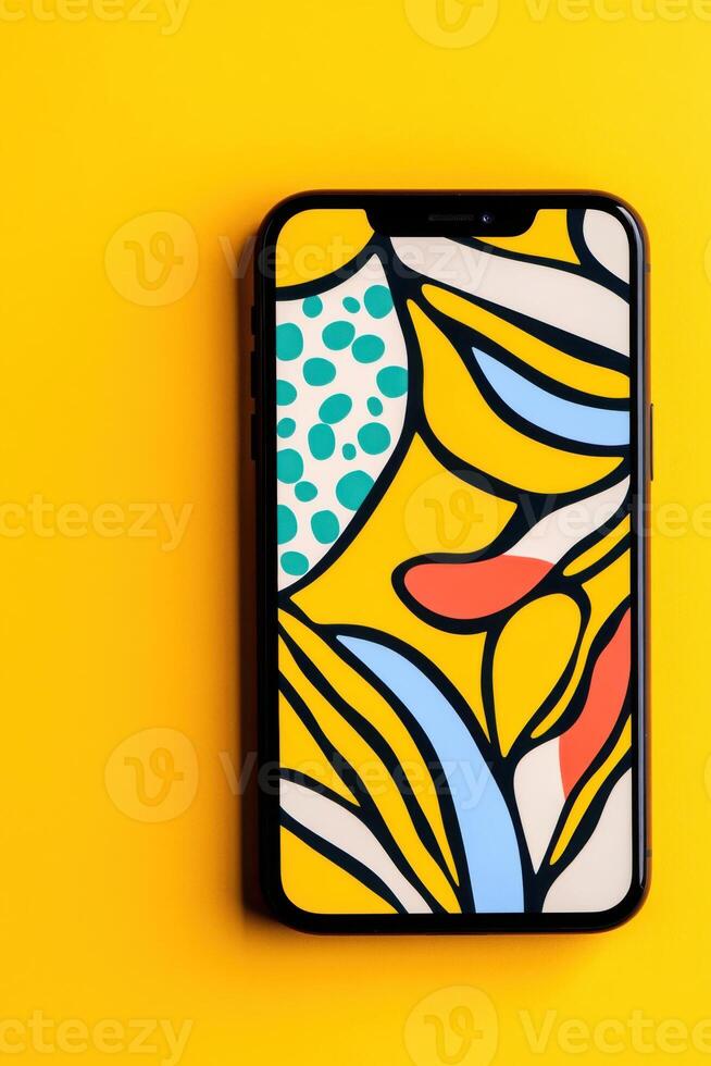 Modern smartphone displaying memphis style abstract art on yellow background photo