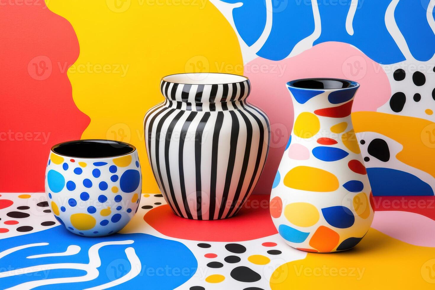 Colorful ceramic vases and bowl in memphis style on abstract background photo