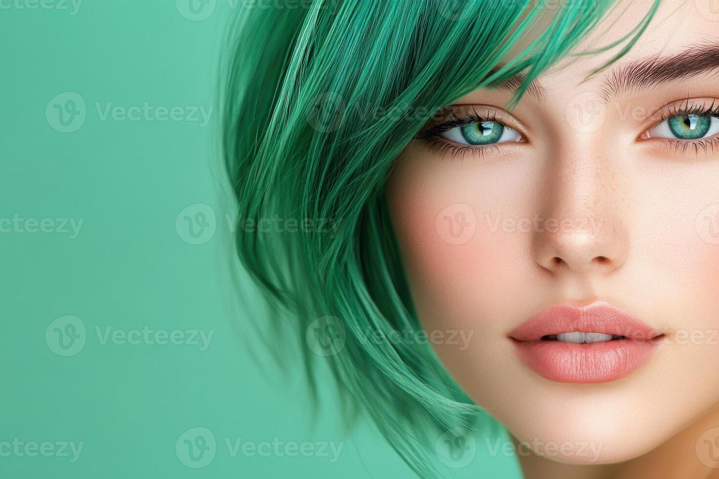 Beauty portrait of woman showing dyed green hair and green eyes photo