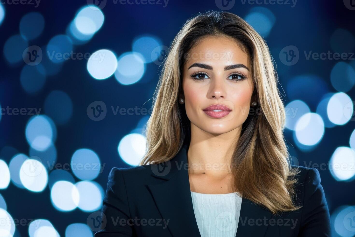 Businesswoman giving keynote speech on stage with bokeh background photo