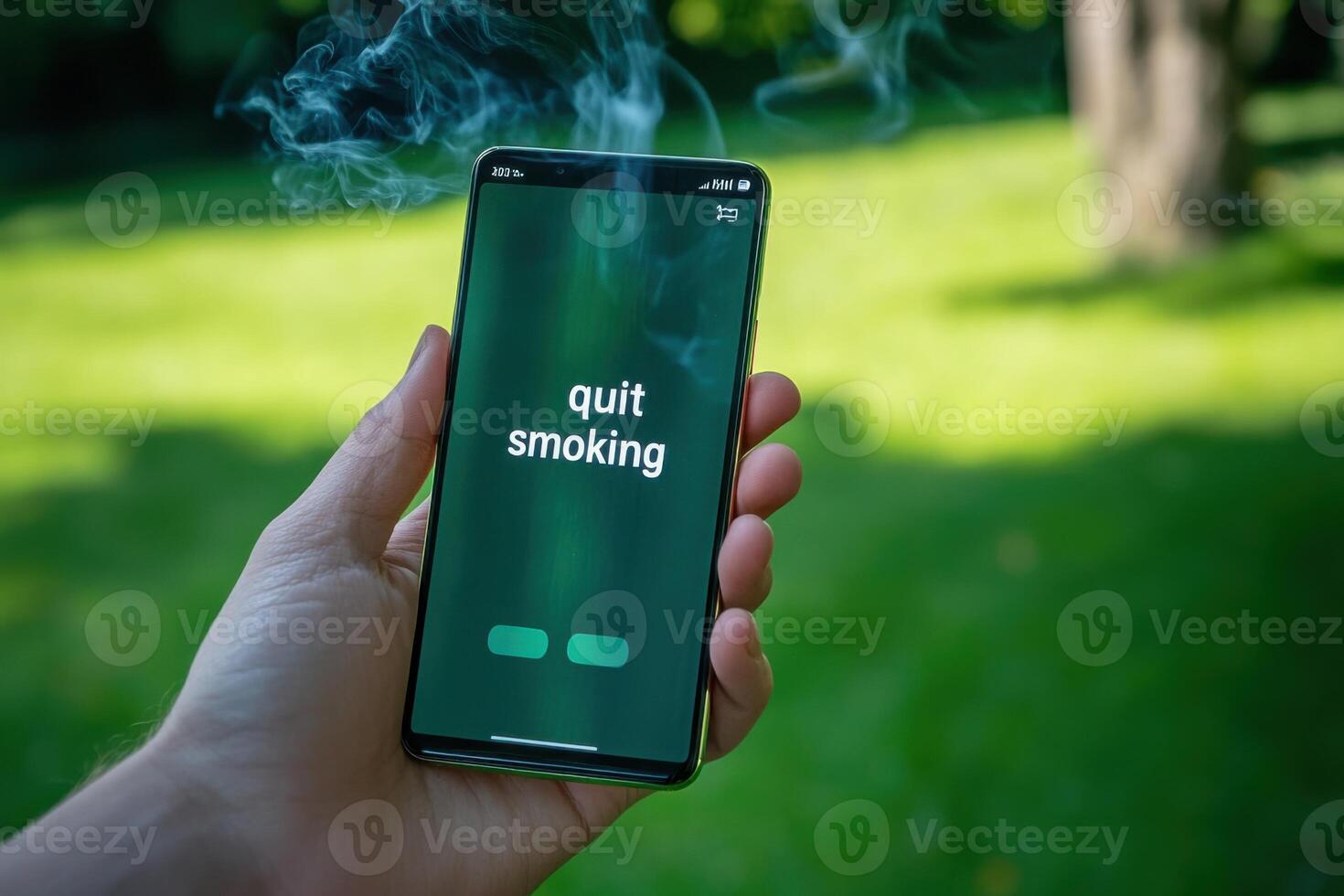 Hand Holding Smartphone Displaying Quit Smoking App with Smoke in Background photo