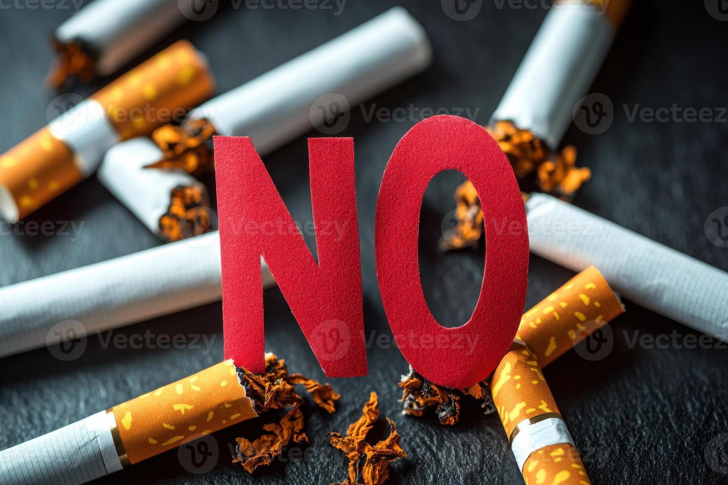 broken cigarettes and a red no on a black background photo