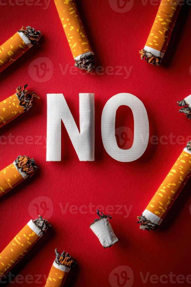 Cigarette butts surrounding a no smoking sign on red background photo