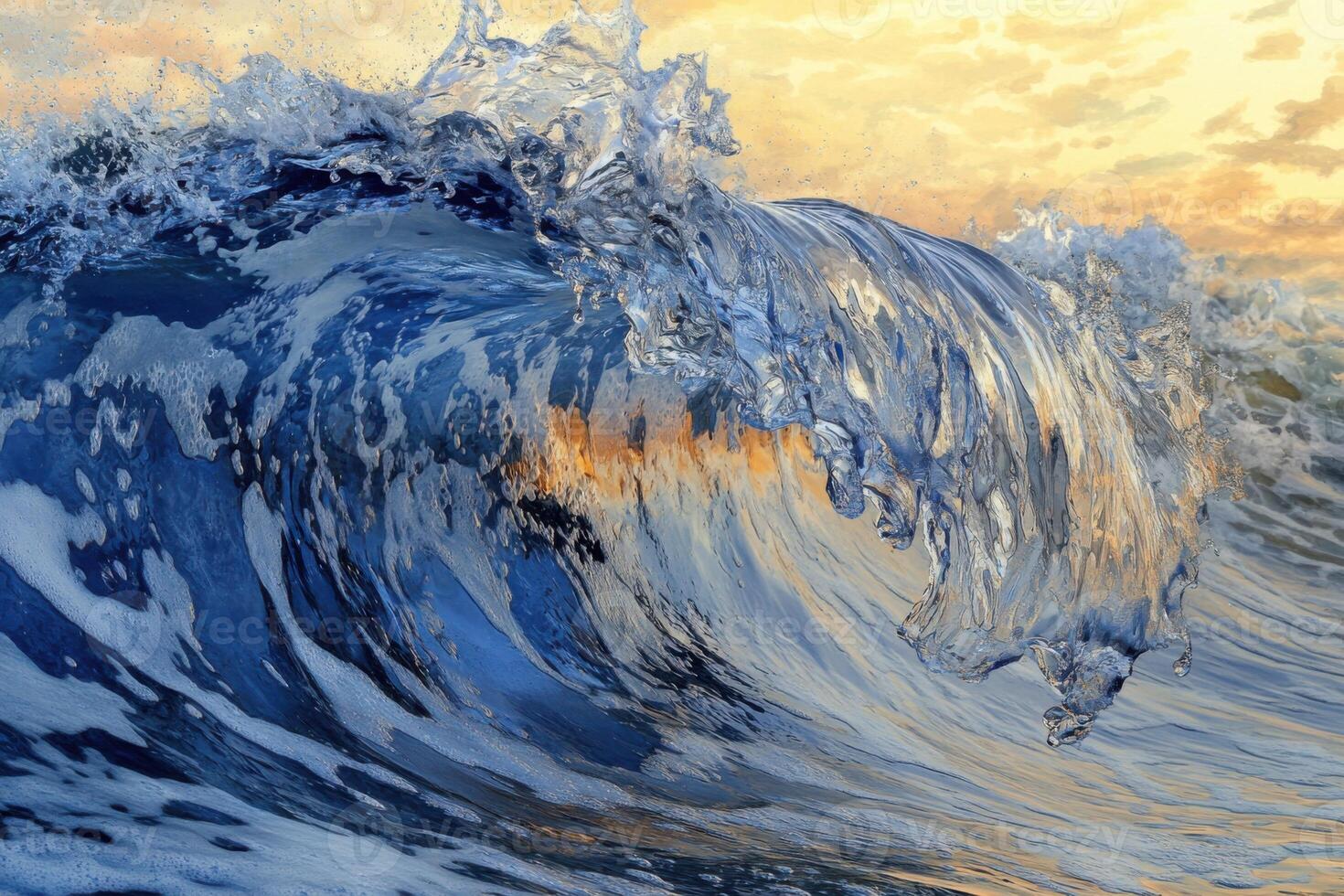 Dramatic blue ocean wave curling at sunrise photo