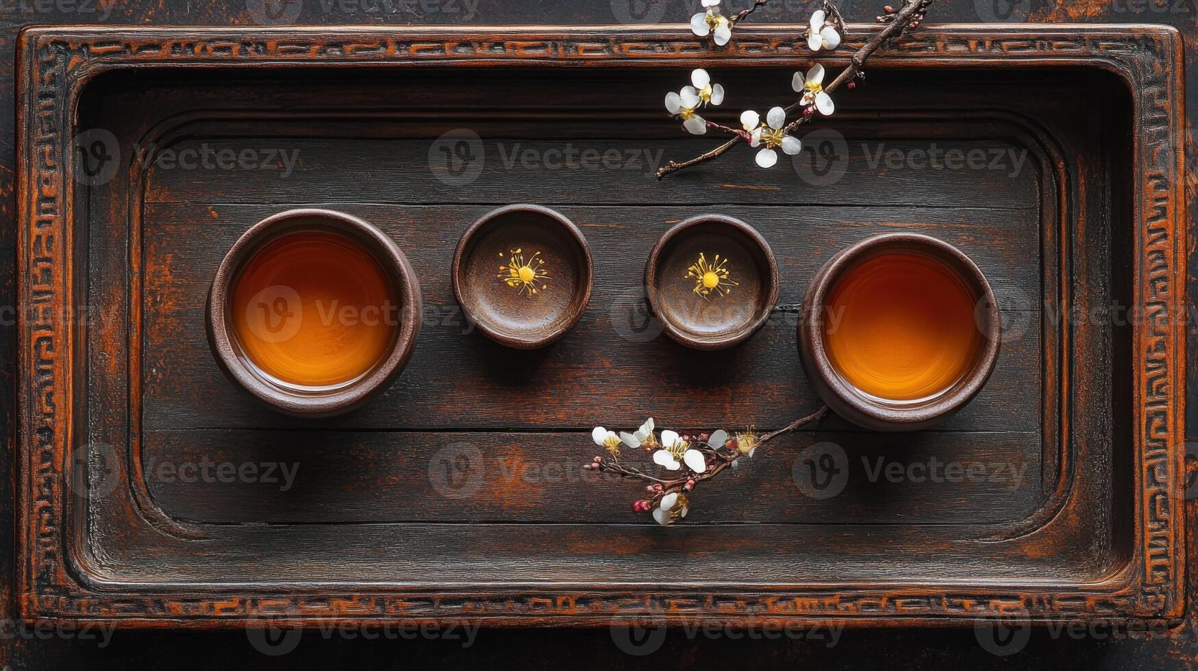 Traditional Korean tea ceremony set on wooden tray, featuring two cups of tea and plum blossoms photo