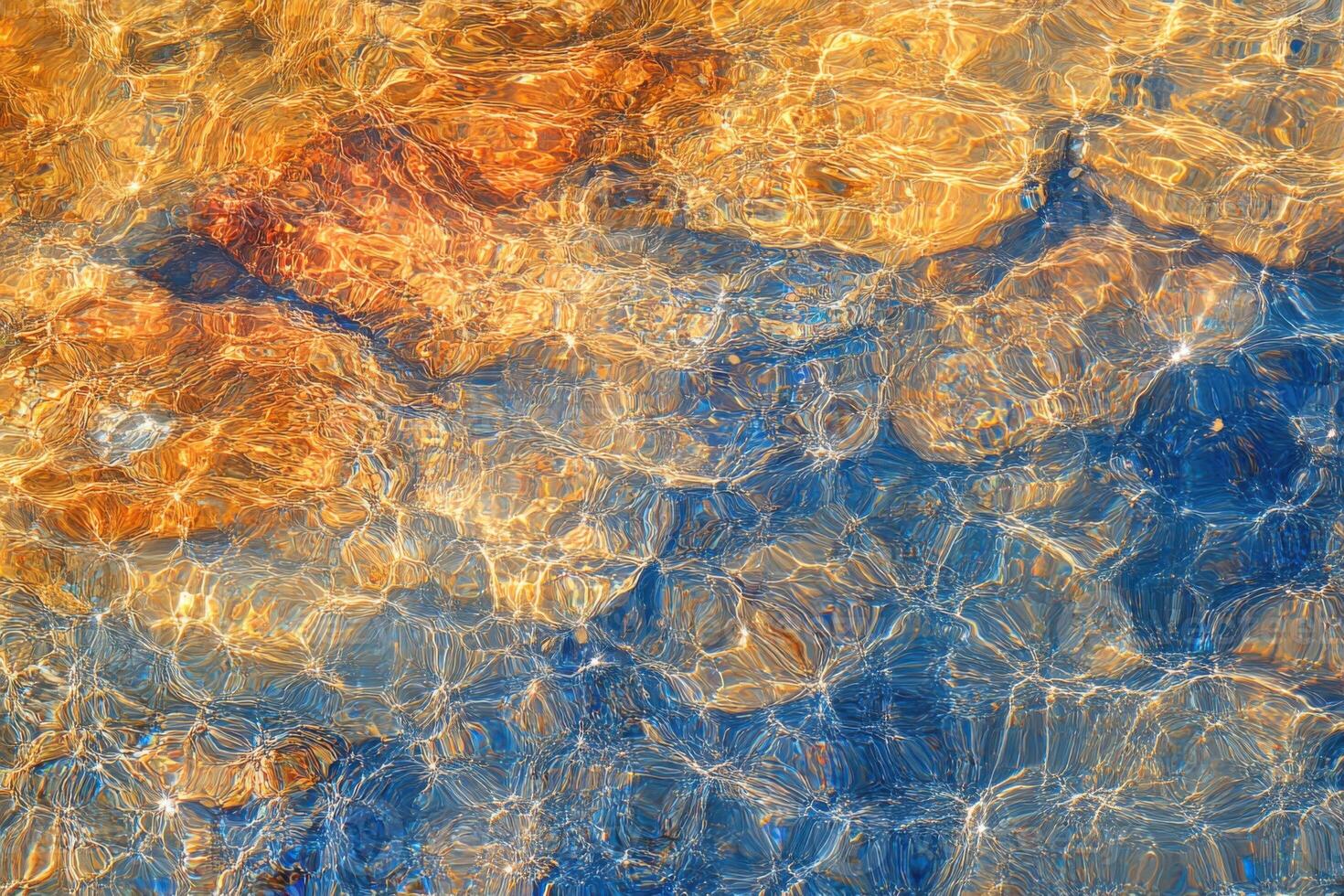 Sunlight reflecting on rippled water surface creating golden and blue pattern photo