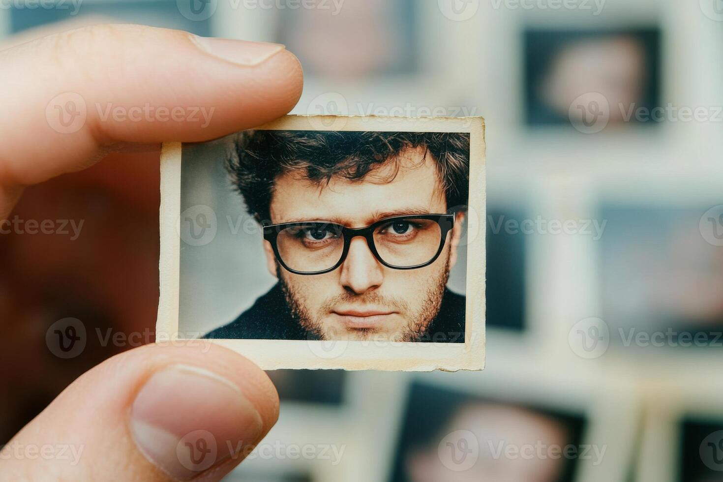 Hand holding old portrait photograph with blurred background photo