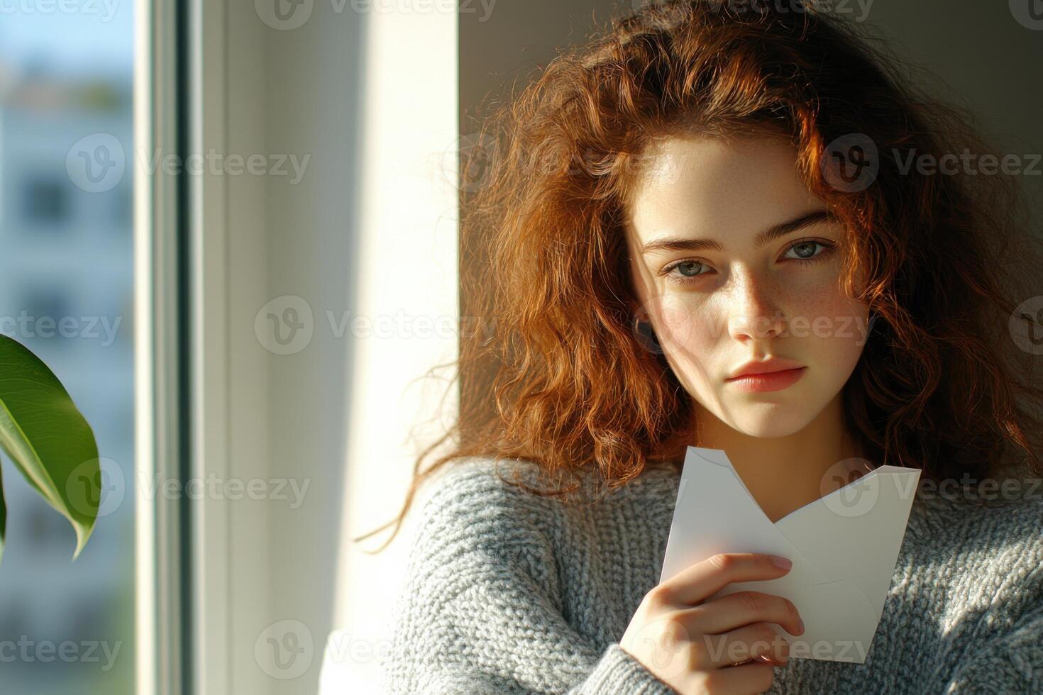 Young redhead woman holding an opened letter near the window photo