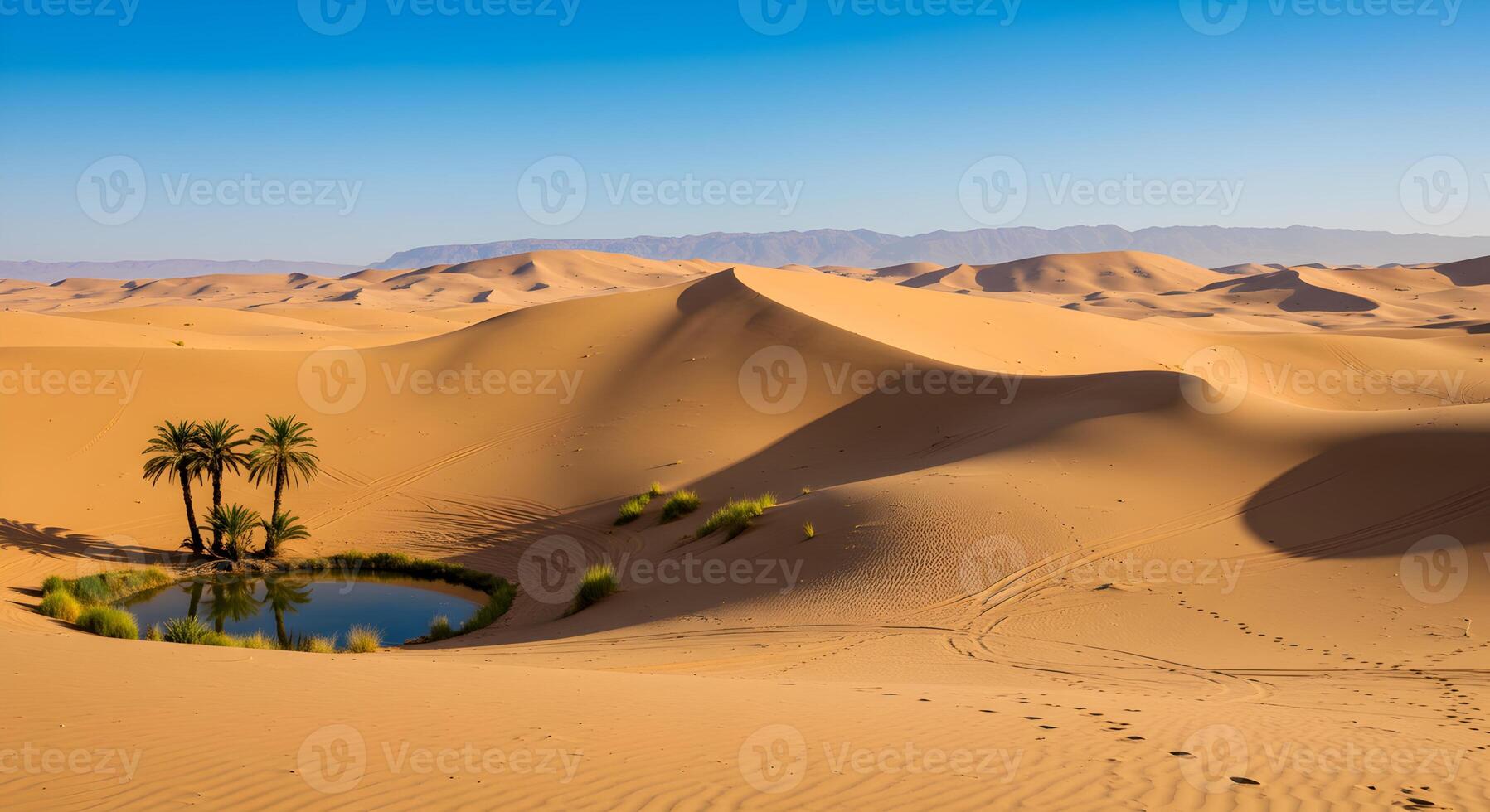 Idyllic oasis in the Sahara Desert at sunrise featuring palm trees and crystal clear water photo