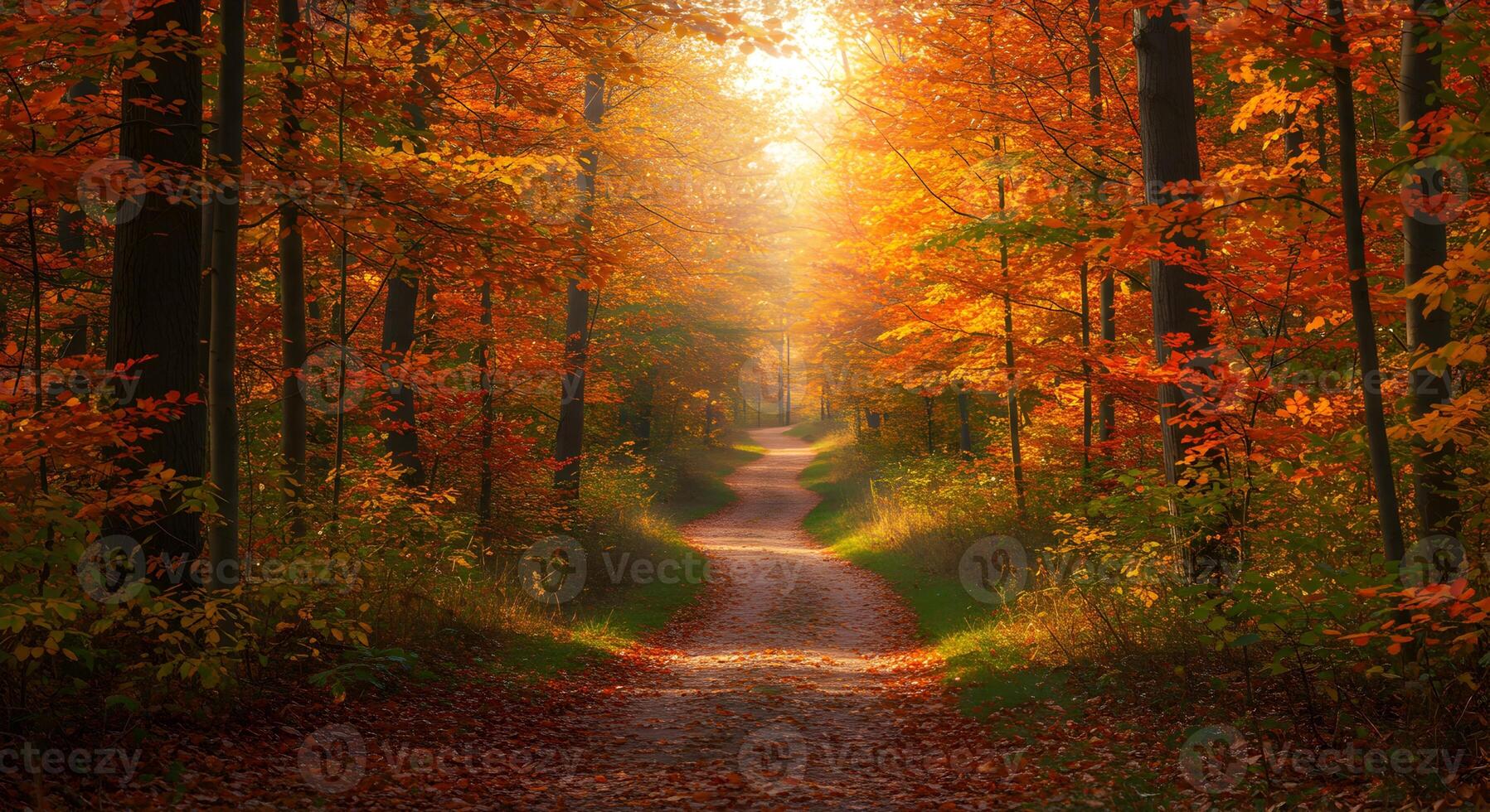 Enchanting autumn pathway through a sunlit forest with vibrant foliage creating a mesmerizing fall landscape photo