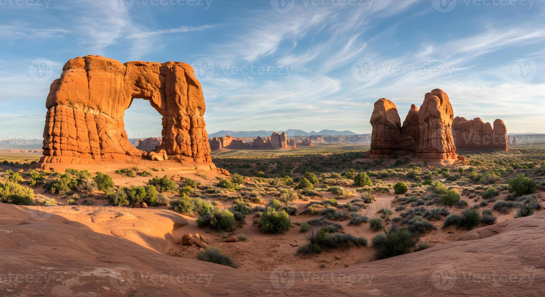 Magnificent rock formations under a serene sky in Arches National Park photo