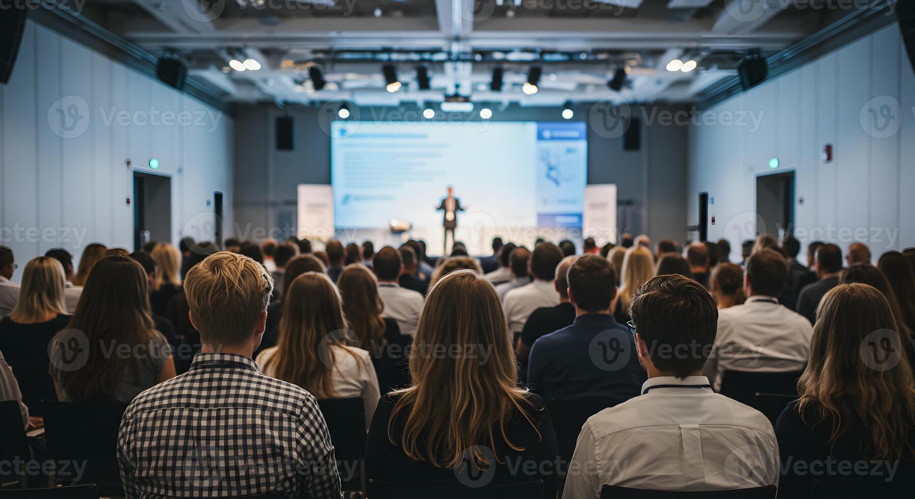 Large Audience Attending a Business Conference, Listening to a Speaker photo