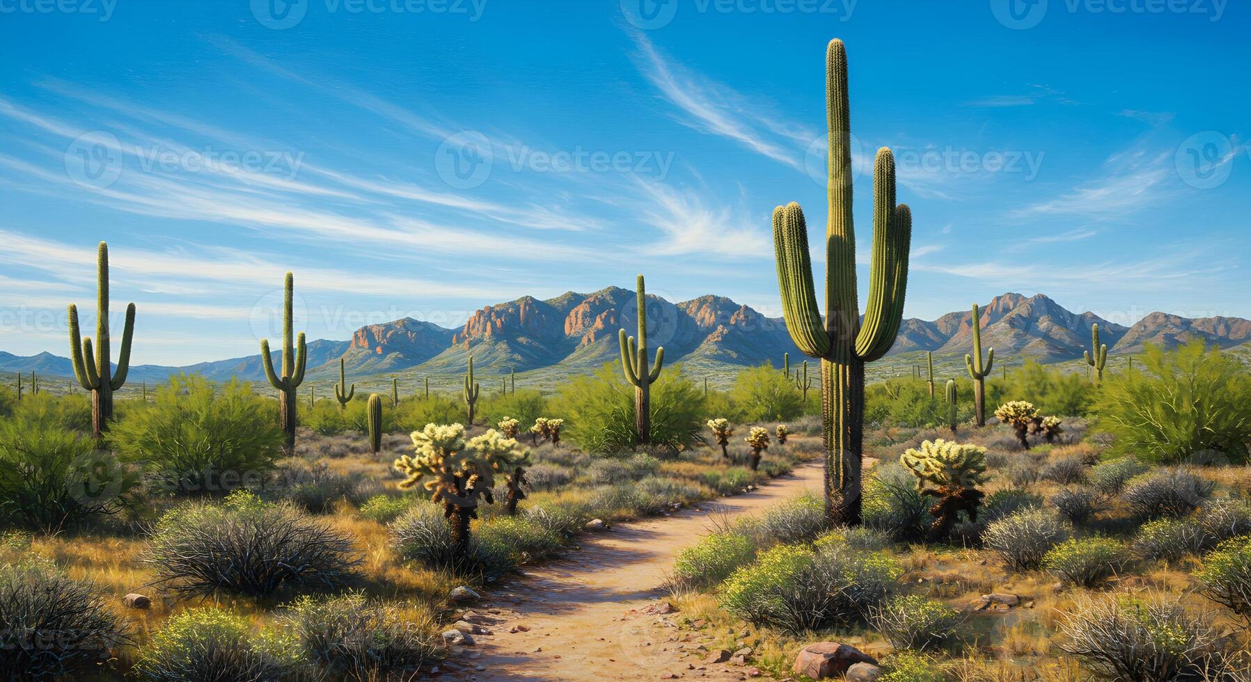 Arizona Desert Landscape with Saguaro Cacti and Mountain Backdrop Under Clear Blue Skies photo