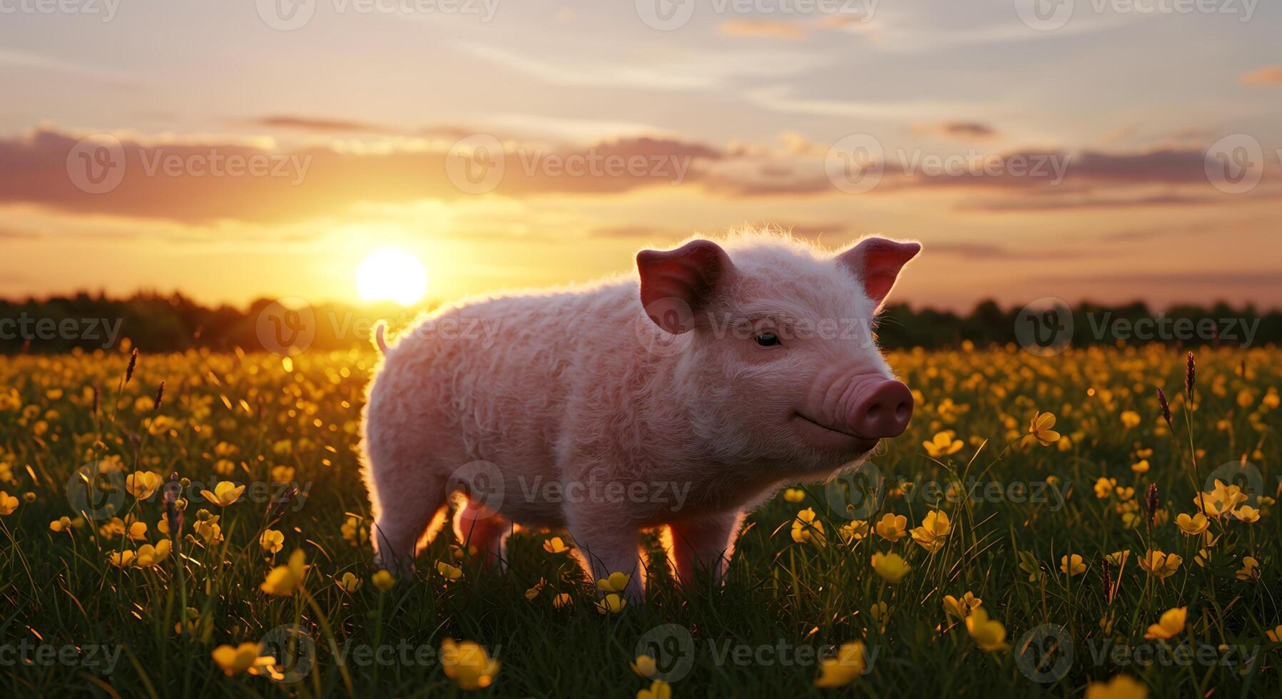Adorable pink piglet stands in a field of yellow flowers during sunset photo