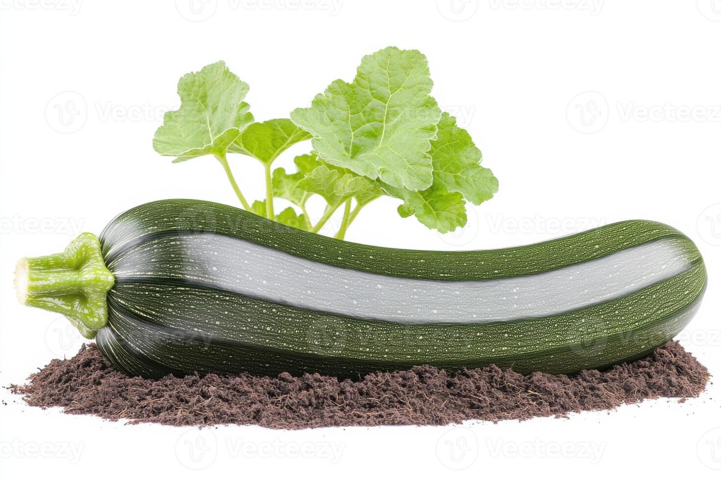Fresh zucchini growing on a pile of soil with seedling and leaves photo