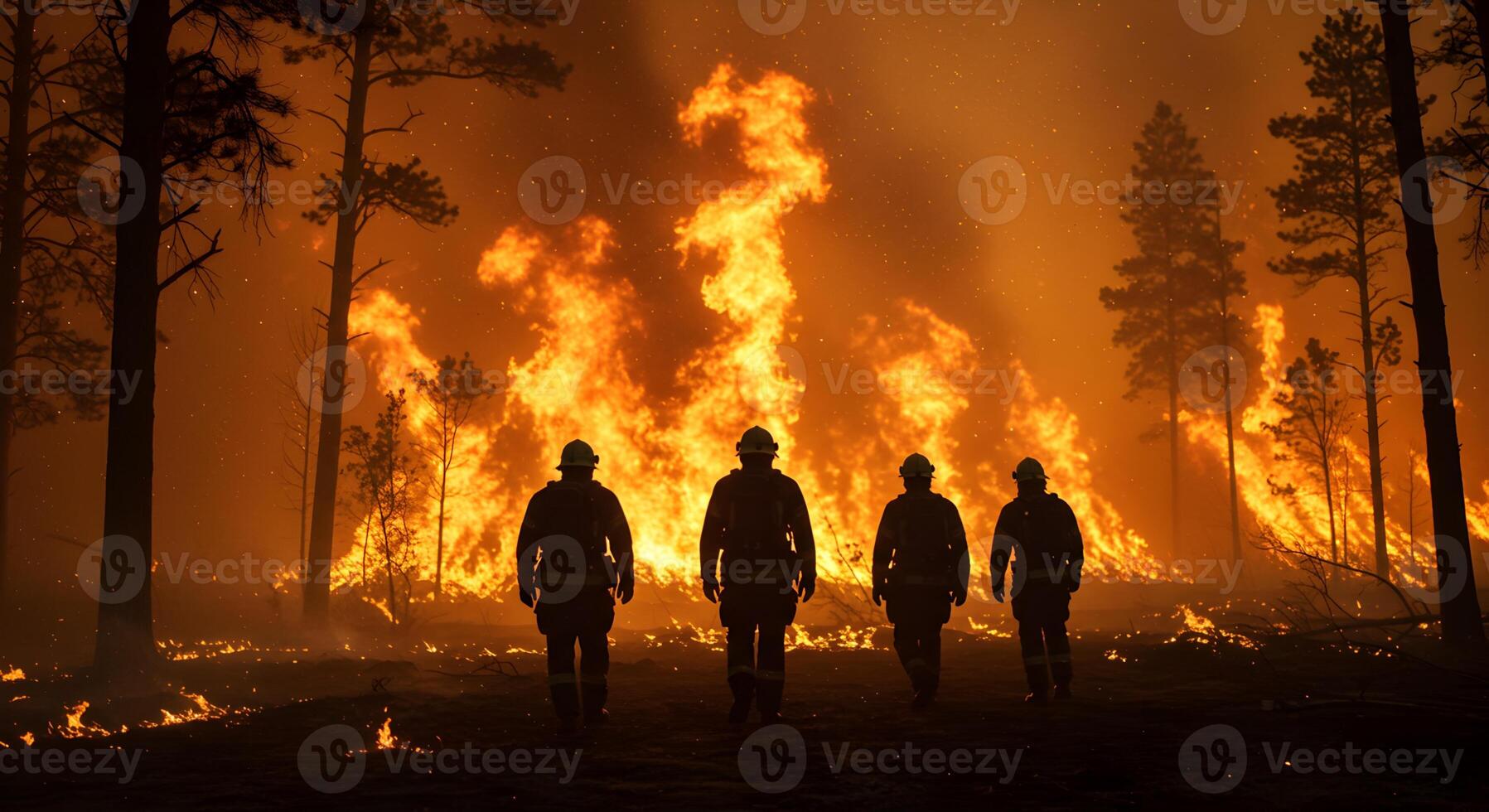 Firefighters bravely battling a raging wildfire amidst towering trees in the dark, showcasing resilience and community support photo