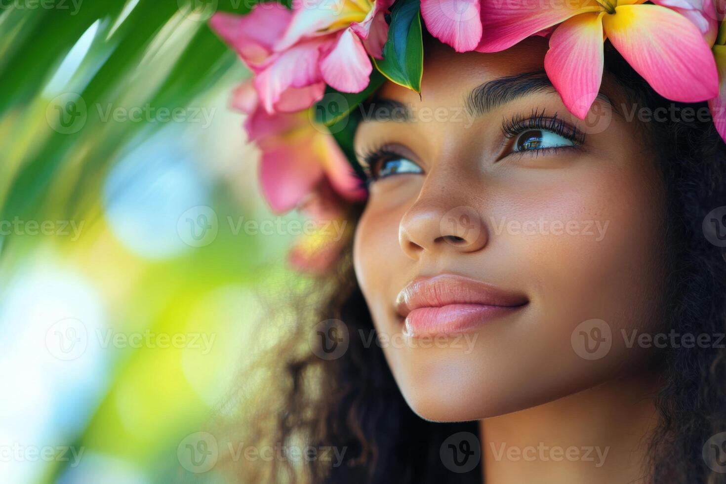 Beautiful young woman wearing flower crown enjoying summer vacation photo