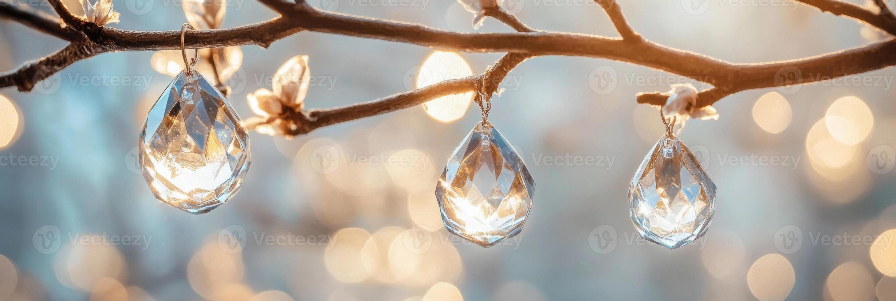 Crystal drops hanging on a tree branch reflecting sunlight photo