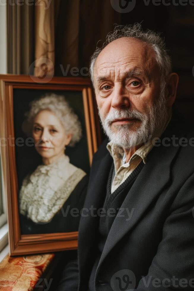 Elderly man sitting next to a portrait of an elderly woman photo