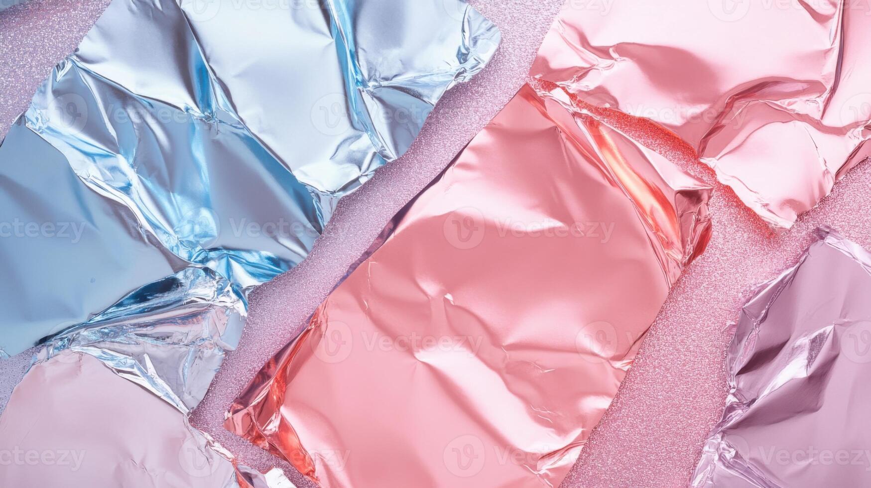 Pink and blue crumpled metallic sheets creating an abstract modern background photo