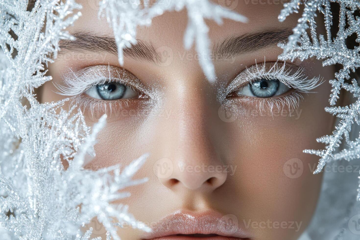 Fashion model with winter fantasy makeup and white eyelashes posing behind silver snowflakes photo