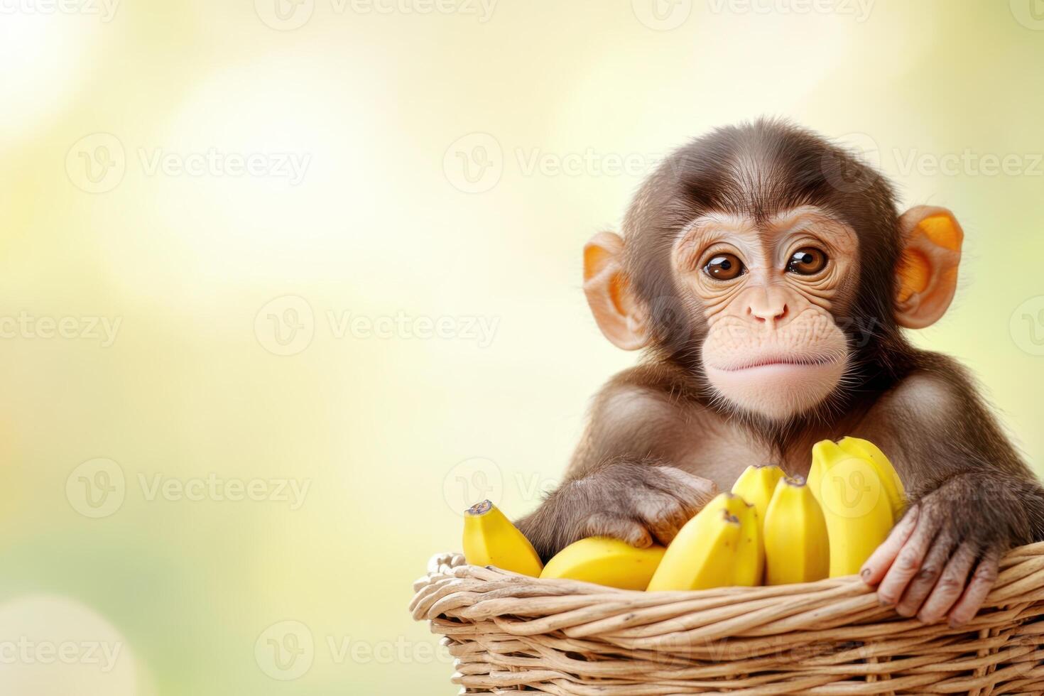 Baby monkey holding a wicker basket full of bananas photo