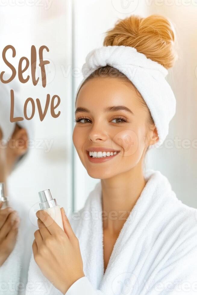 Woman wearing bathrobe and hair band holding cosmetic product smiling in bathroom mirror photo