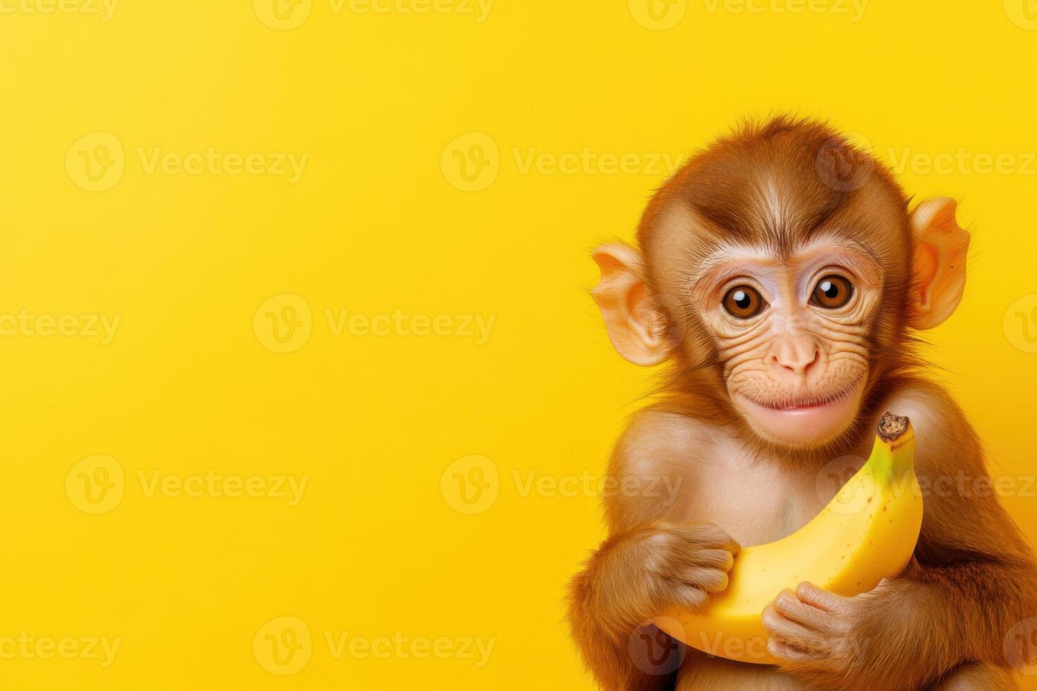 Baby monkey holding banana on yellow background photo