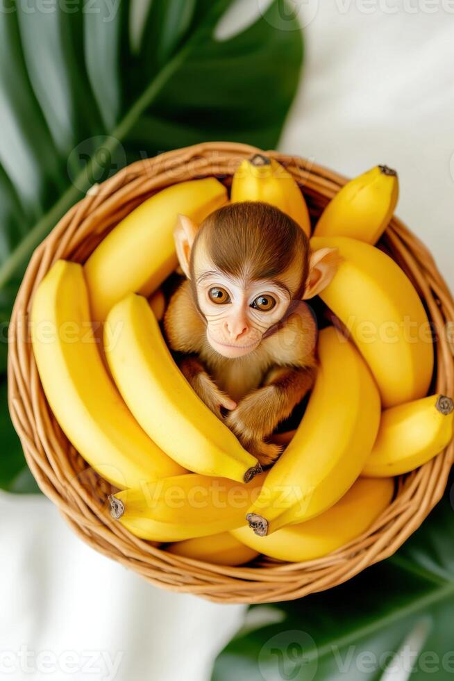 Baby monkey sitting in wicker basket full of bananas with tropical leaves photo