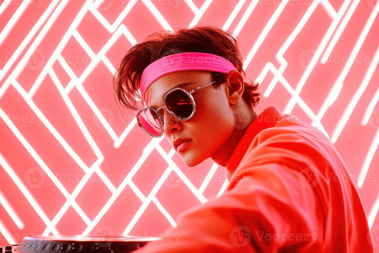Stylish DJ playing music in a nightclub with neon lights photo
