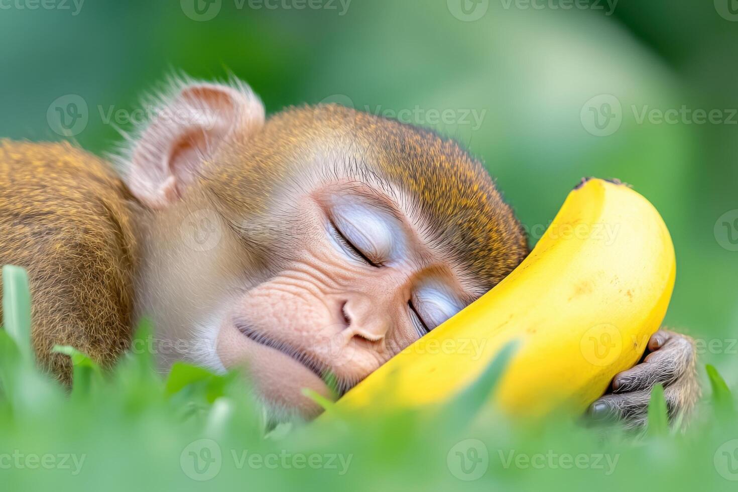 Baby monkey sleeping and hugging a banana on green grass photo