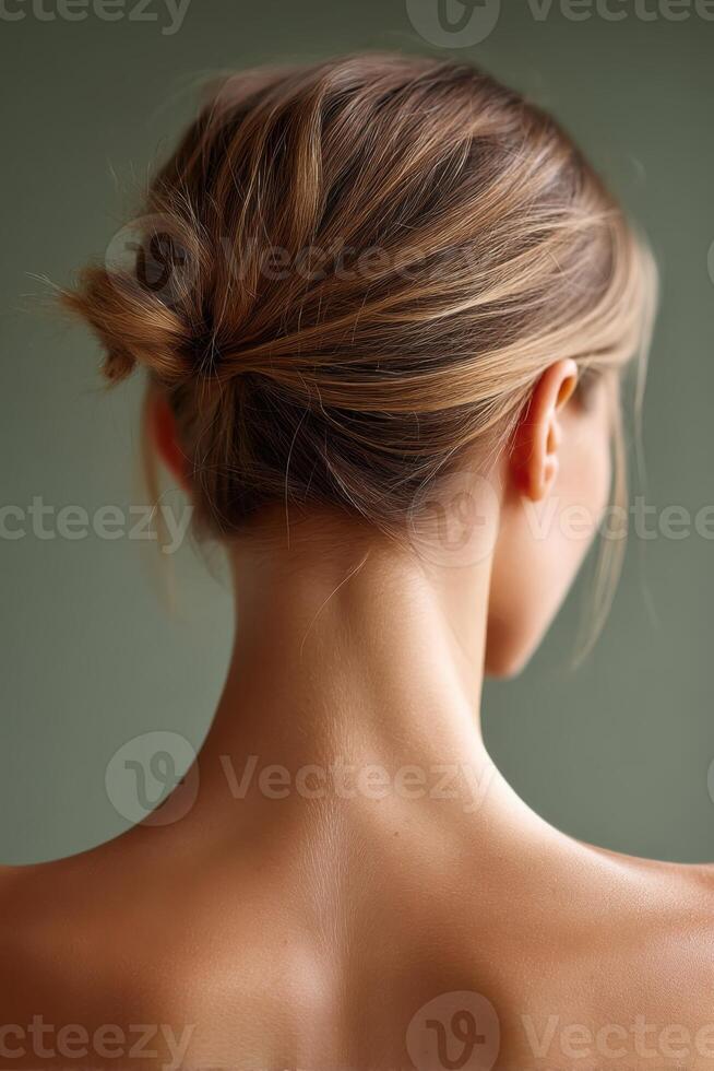 Woman showing healthy nape and back with tied hair photo