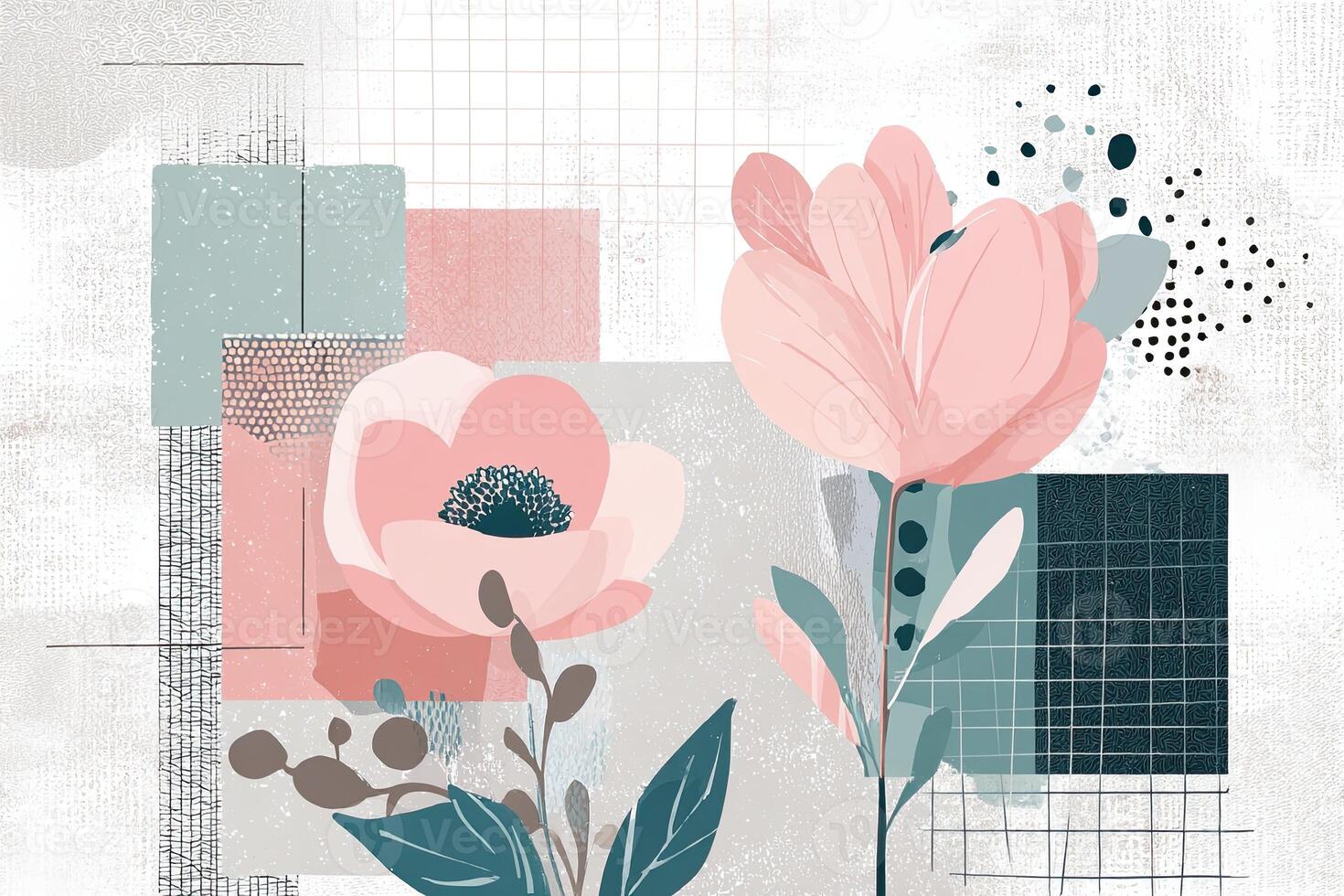 Pink flowers and geometric shapes creating a Scandinavian-style wall art photo