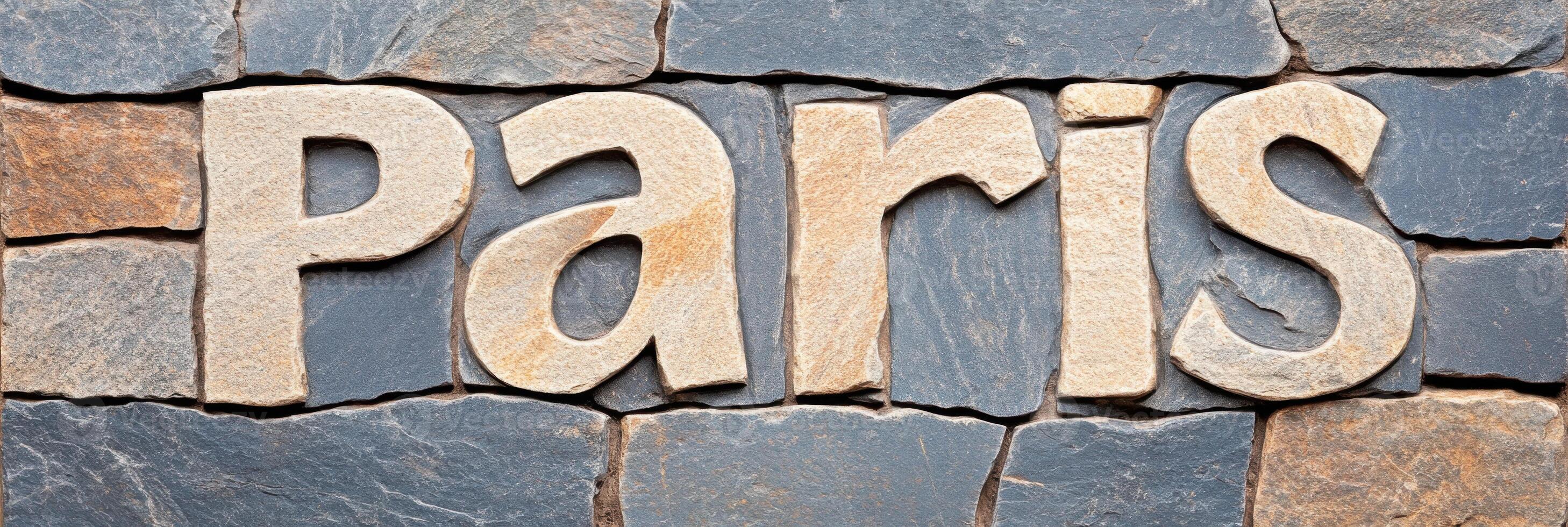 Paris spelled with stones on a rock wall photo