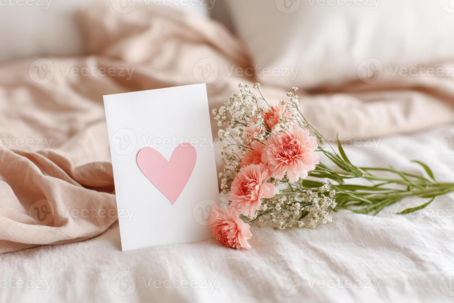 Bouquet of pink carnations and greeting card with heart shape lying on bed photo