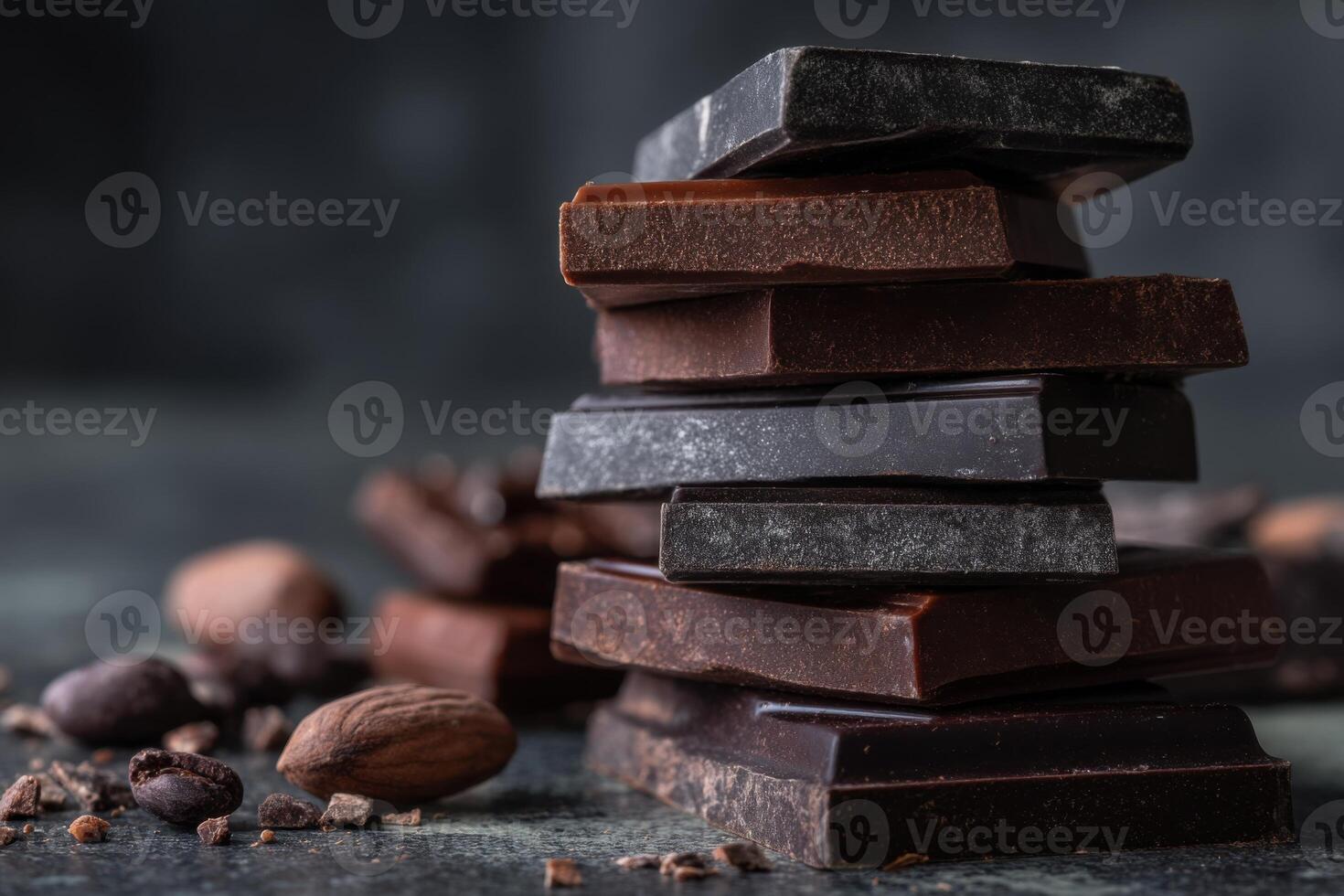 Stack of dark and milk chocolate bars with cocoa beans and almonds on dark marble table photo