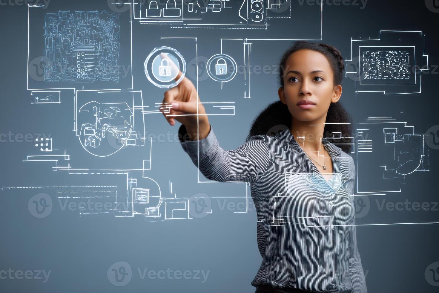 Businesswoman working with virtual interface touching digital screen activating security system photo