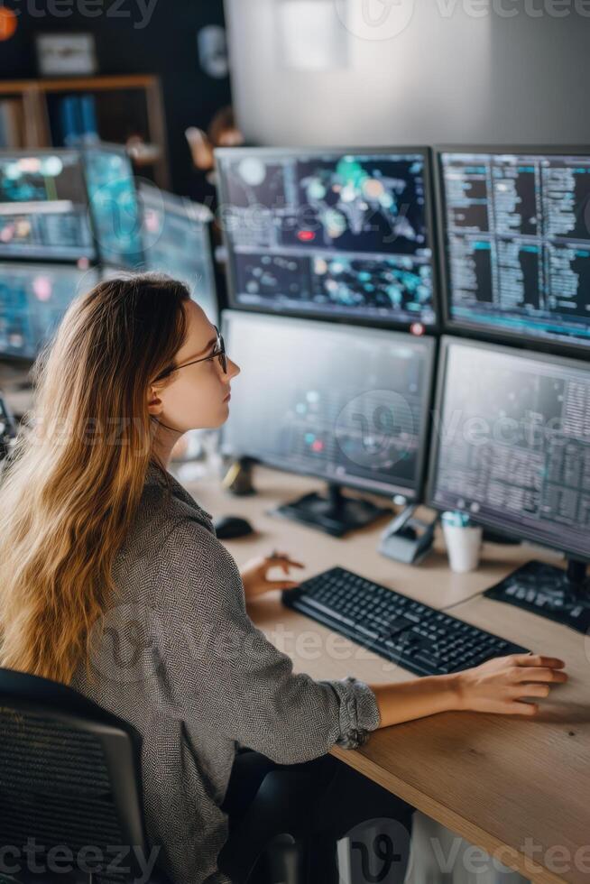 It specialist working on multiple monitors showing graphs and code photo