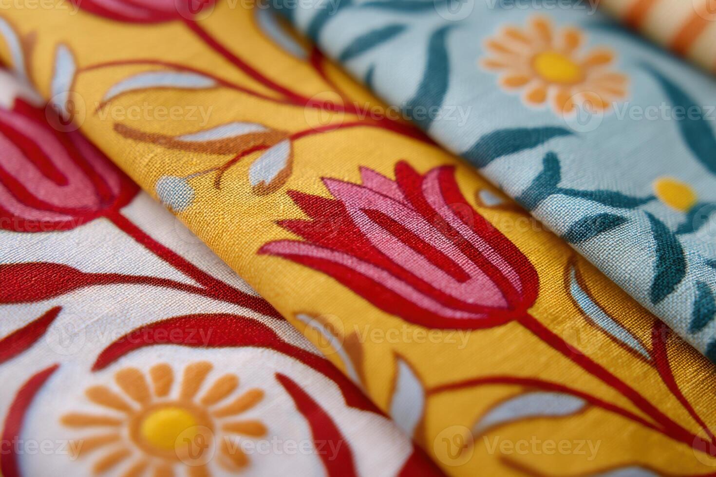 Colorful floral patterned textiles showing craftsmanship and design photo