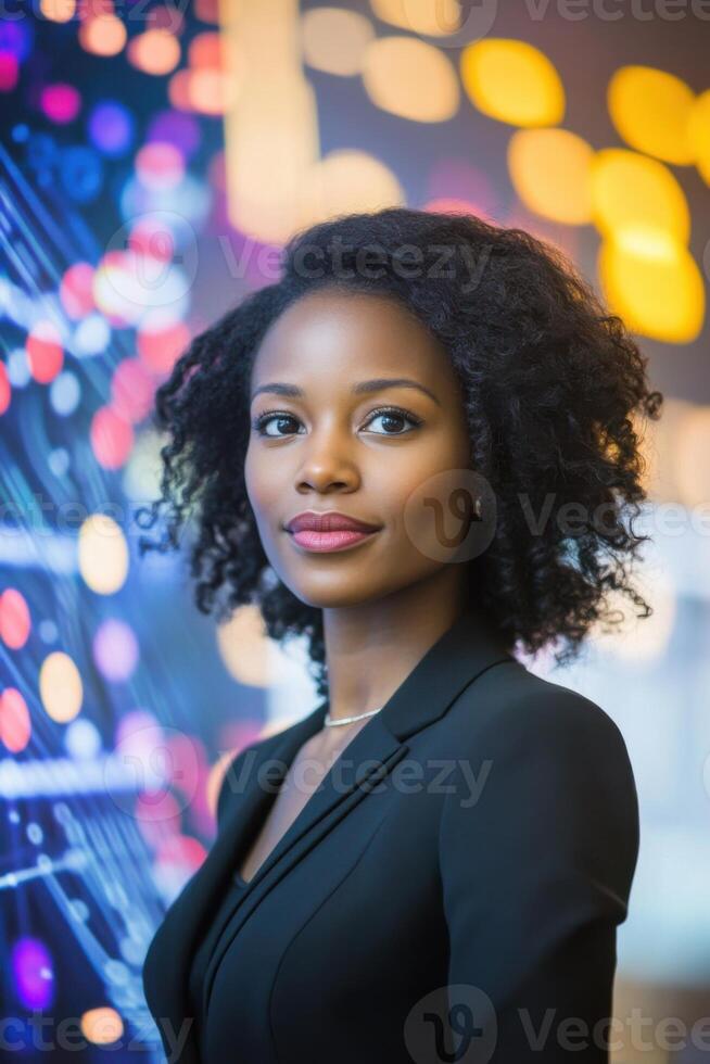 Cybersecurity professional posing in front of network diagram photo