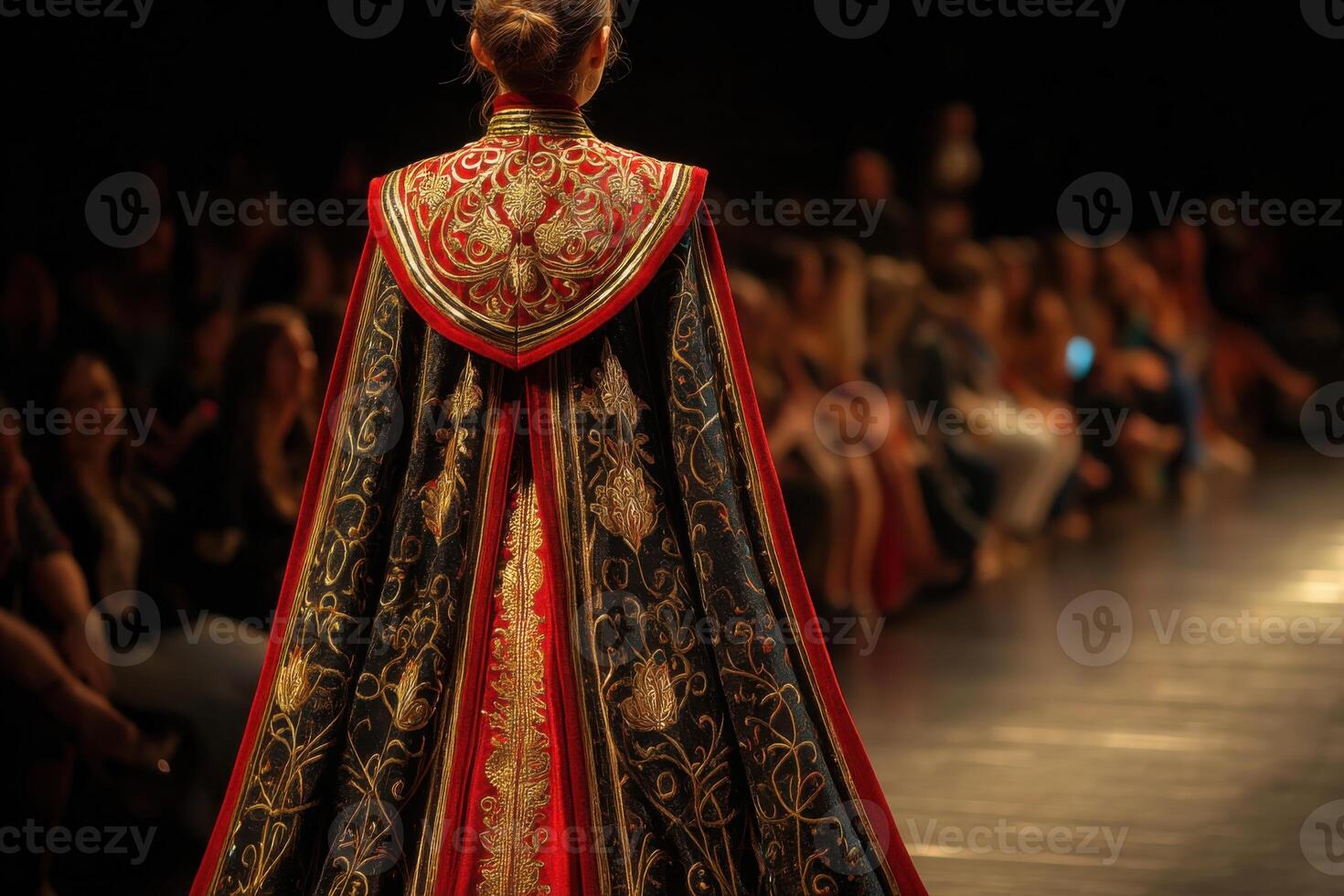 Fashion model wearing an elegant long cape walking on the runway photo