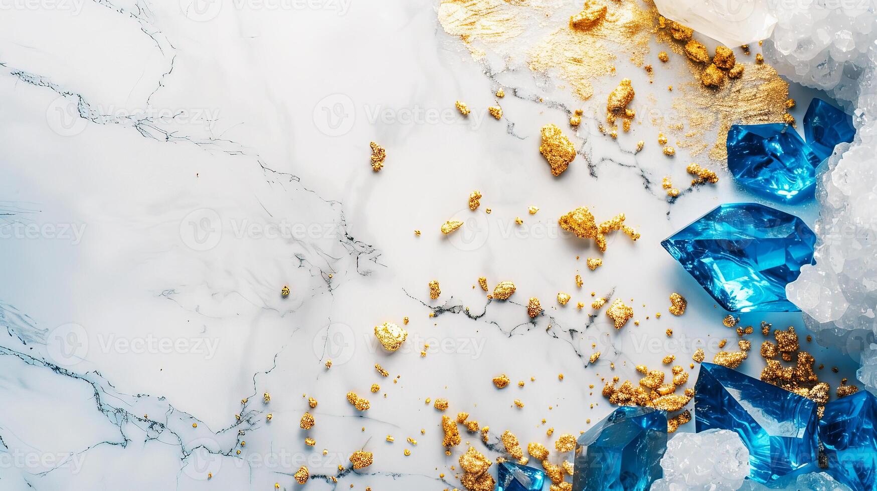 Elegant marble background with golden flakes and blue crystals. High-quality image perfect for luxury designs and artistic projects. photo