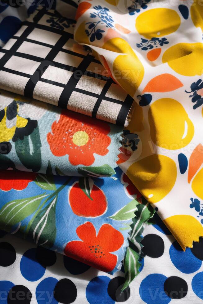 Colorful scandinavian fabric swatches lying on a table photo