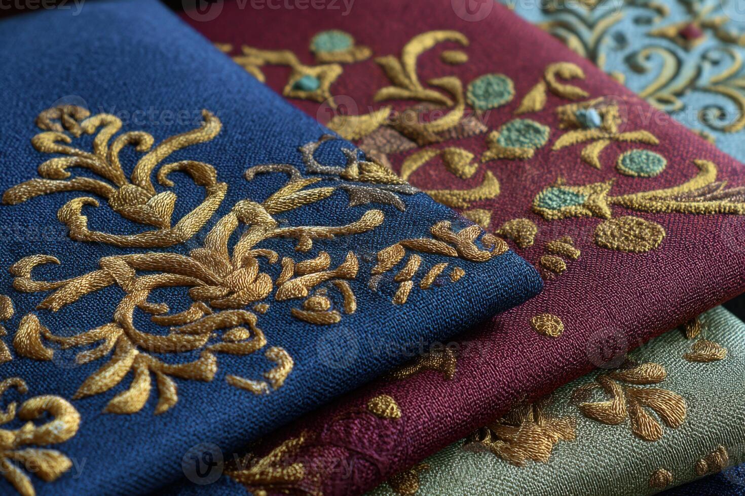 Luxurious golden embroidery embellishing colorful fabrics, showcasing exquisite craftsmanship photo