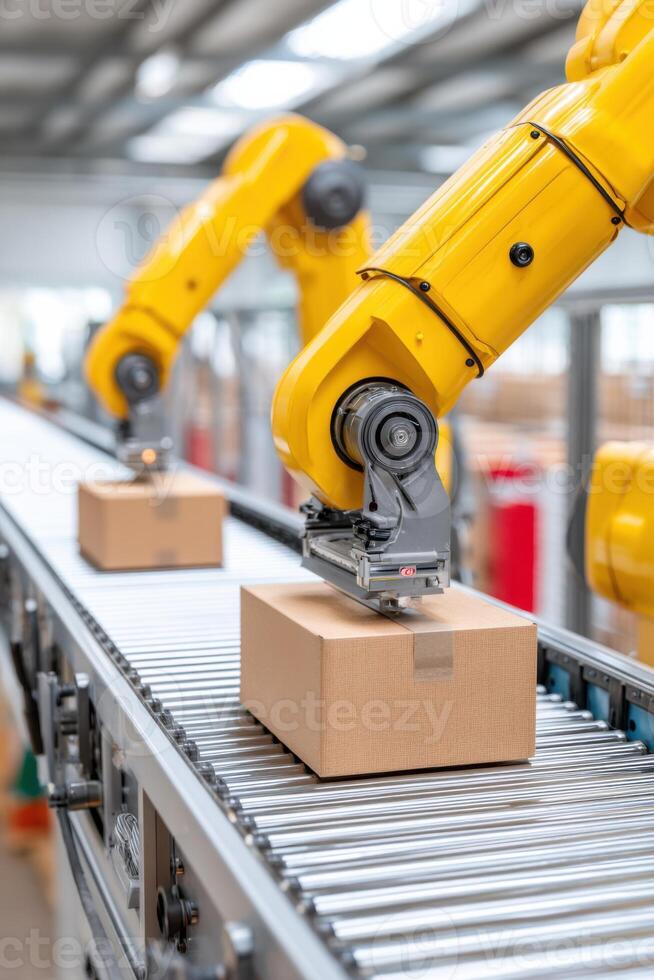 Robotic arms handling cardboard boxes on conveyor belt in warehouse photo