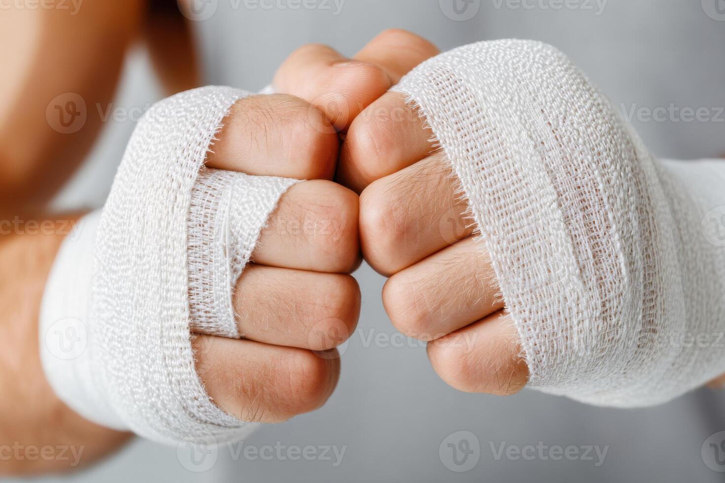 Boxer wrapping hands with white boxing bandages getting ready for training photo